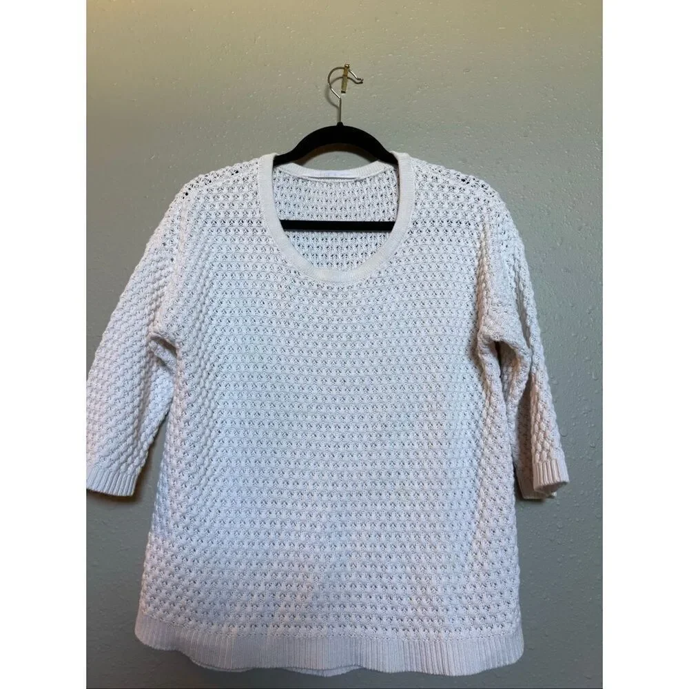 Athleta Womens Medium White Textured Knit Linen Blend Sweater Top